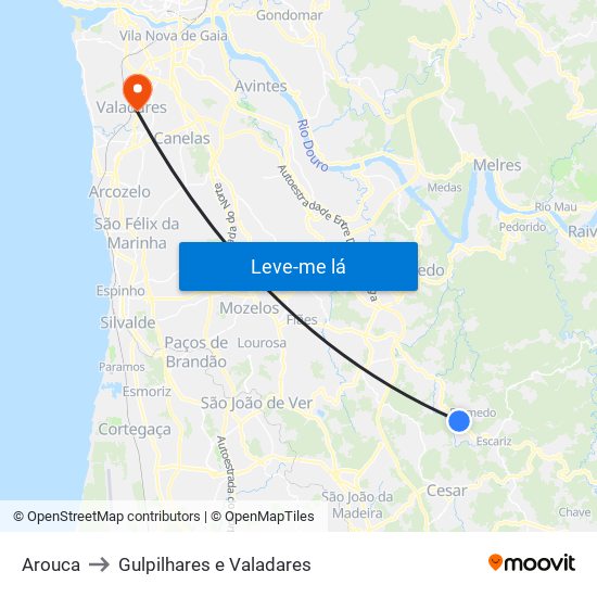 Arouca to Gulpilhares e Valadares map