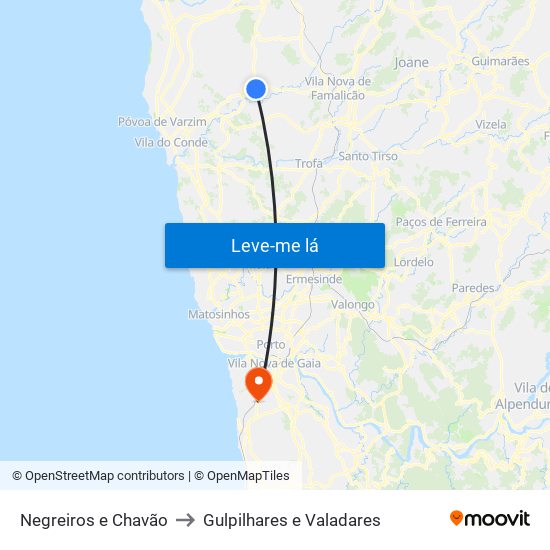 Negreiros e Chavão to Gulpilhares e Valadares map