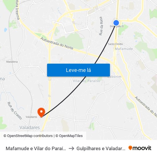 Mafamude e Vilar do Paraíso to Gulpilhares e Valadares map