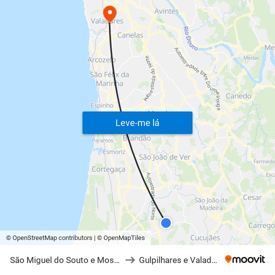 São Miguel do Souto e Mosteirô to Gulpilhares e Valadares map