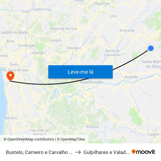 Bustelo, Carneiro e Carvalho de Rei to Gulpilhares e Valadares map