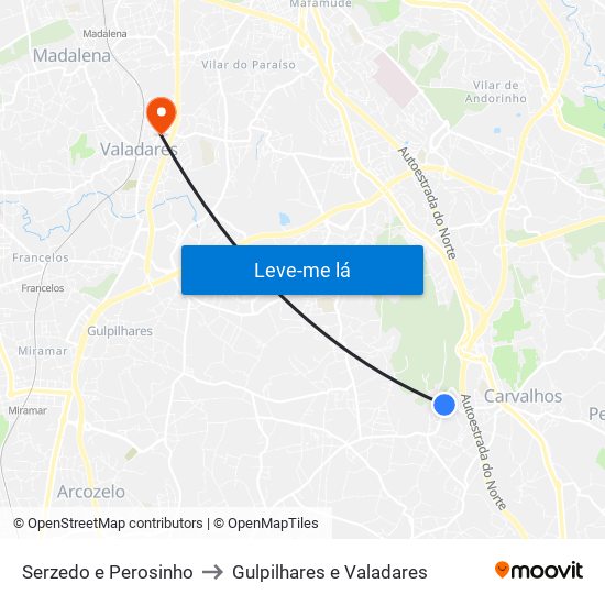 Serzedo e Perosinho to Gulpilhares e Valadares map