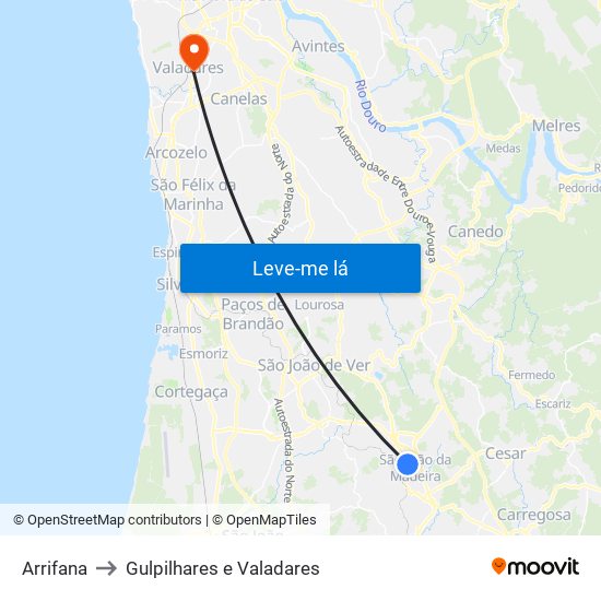 Arrifana to Gulpilhares e Valadares map