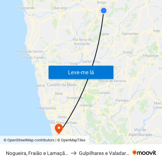 Nogueira, Fraião e Lamaçães to Gulpilhares e Valadares map