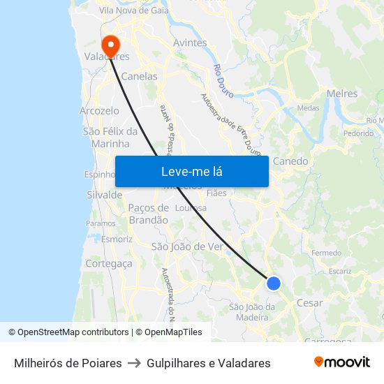 Milheirós de Poiares to Gulpilhares e Valadares map