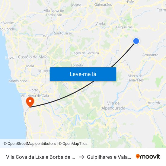 Vila Cova da Lixa e Borba de Godim to Gulpilhares e Valadares map