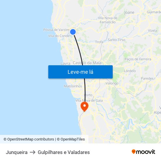 Junqueira to Gulpilhares e Valadares map
