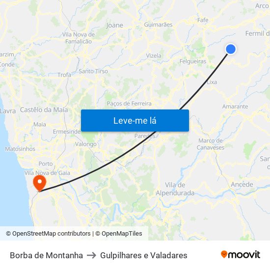Borba de Montanha to Gulpilhares e Valadares map