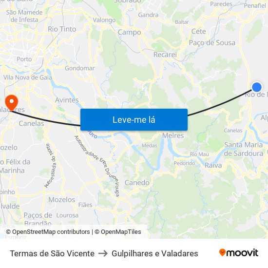 Termas de São Vicente to Gulpilhares e Valadares map