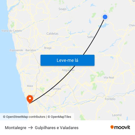 Montalegre to Gulpilhares e Valadares map