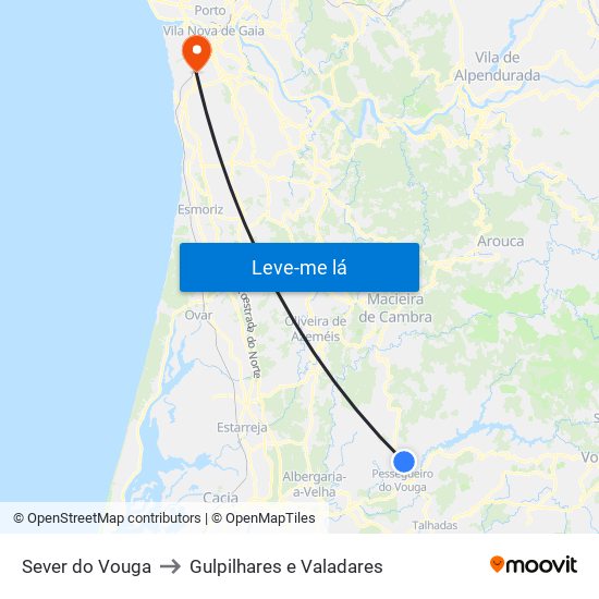 Sever do Vouga to Gulpilhares e Valadares map