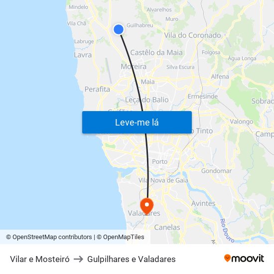 Vilar e Mosteiró to Gulpilhares e Valadares map