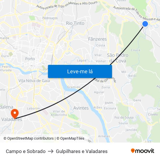 Campo e Sobrado to Gulpilhares e Valadares map