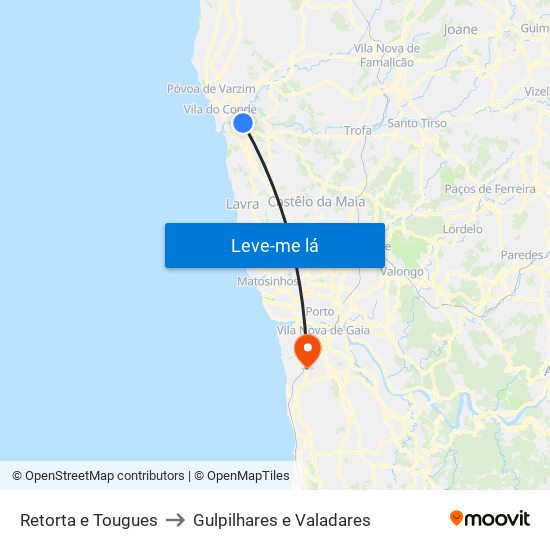 Retorta e Tougues to Gulpilhares e Valadares map