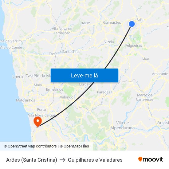 Arões (Santa Cristina) to Gulpilhares e Valadares map