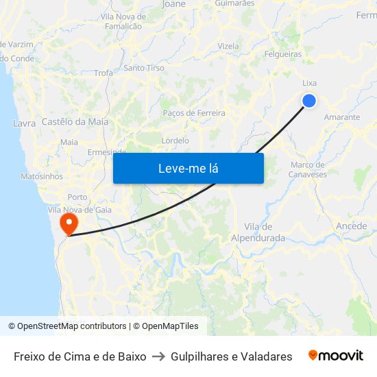 Freixo de Cima e de Baixo to Gulpilhares e Valadares map