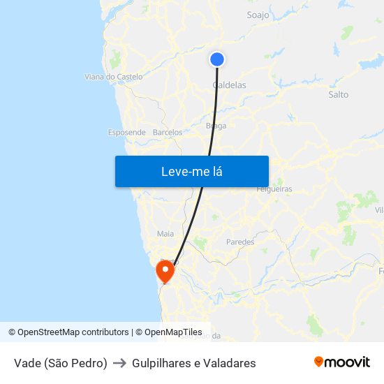 Vade (São Pedro) to Gulpilhares e Valadares map