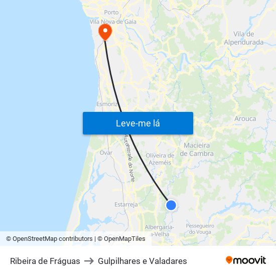 Ribeira de Fráguas to Gulpilhares e Valadares map