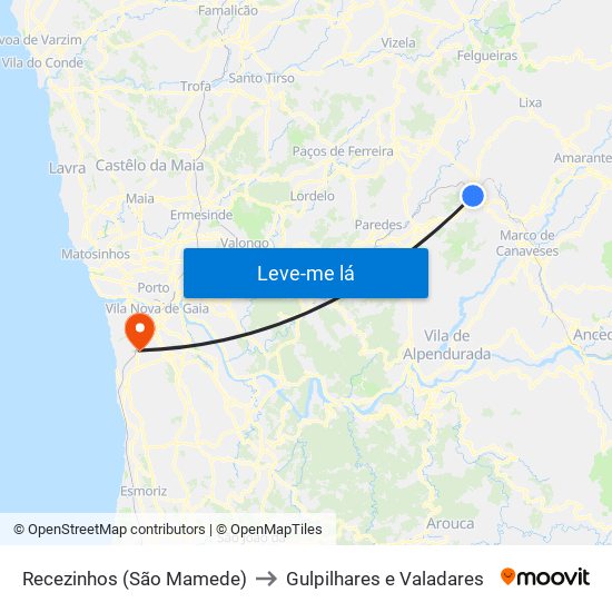 Recezinhos (São Mamede) to Gulpilhares e Valadares map