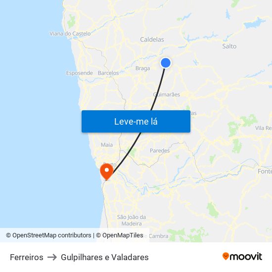 Ferreiros to Gulpilhares e Valadares map