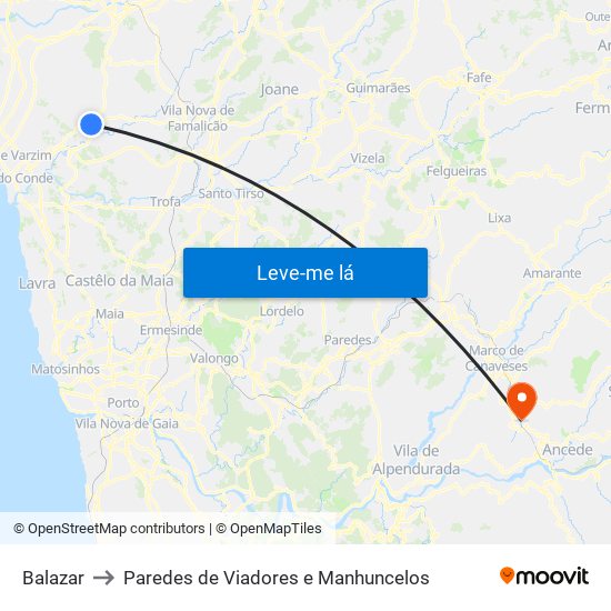 Balazar to Paredes de Viadores e Manhuncelos map