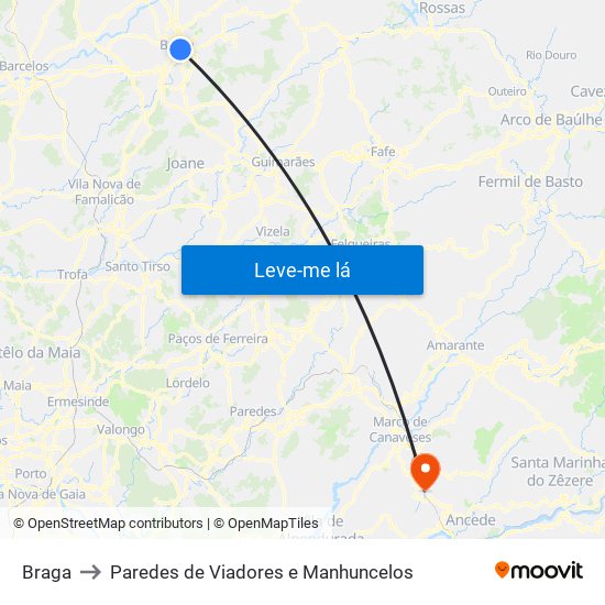 Braga to Paredes de Viadores e Manhuncelos map