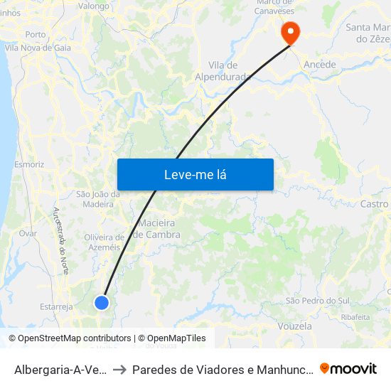 Albergaria-A-Velha to Paredes de Viadores e Manhuncelos map