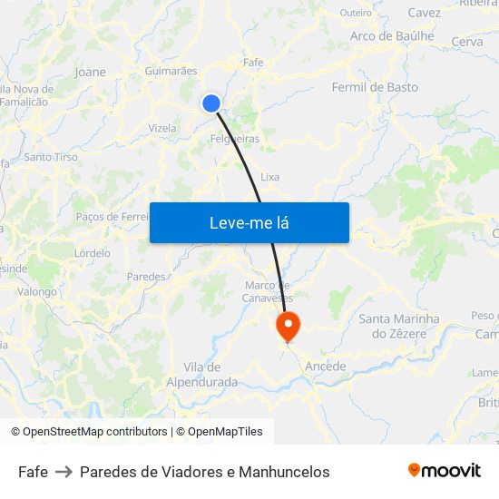 Fafe to Paredes de Viadores e Manhuncelos map