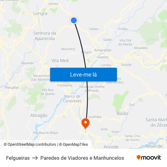 Felgueiras to Paredes de Viadores e Manhuncelos map