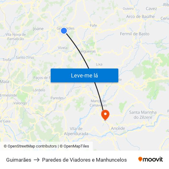 Guimarães to Paredes de Viadores e Manhuncelos map