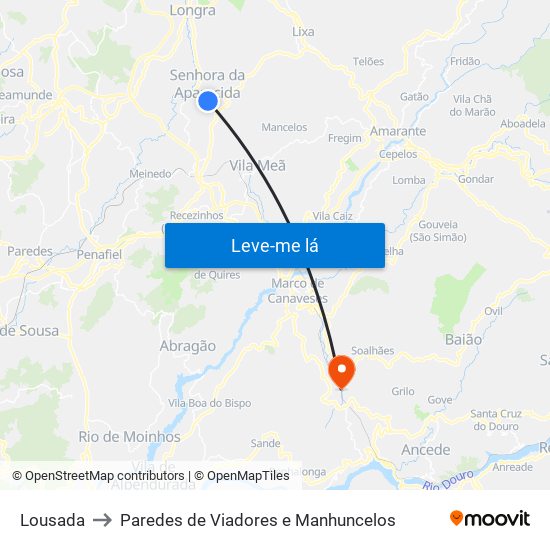 Lousada to Paredes de Viadores e Manhuncelos map