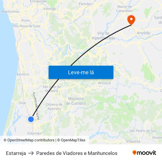 Estarreja to Paredes de Viadores e Manhuncelos map
