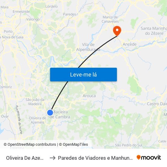 Oliveira De Azeméis to Paredes de Viadores e Manhuncelos map
