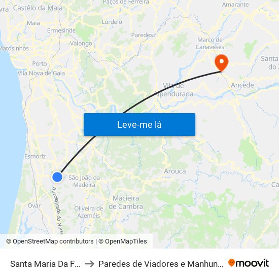 Santa Maria Da Feira to Paredes de Viadores e Manhuncelos map