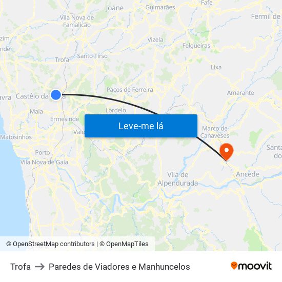 Trofa to Paredes de Viadores e Manhuncelos map