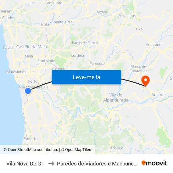 Vila Nova De Gaia to Paredes de Viadores e Manhuncelos map