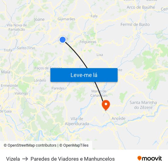 Vizela to Paredes de Viadores e Manhuncelos map