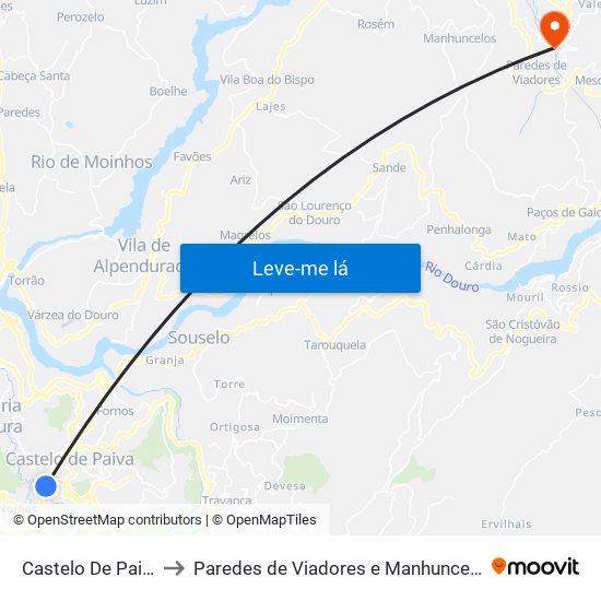 Castelo De Paiva to Paredes de Viadores e Manhuncelos map