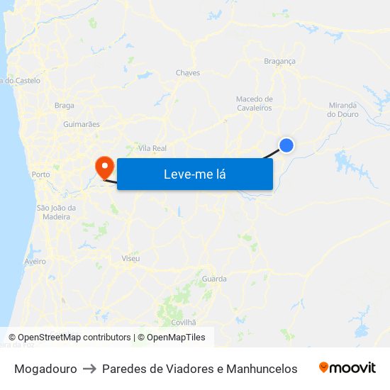 Mogadouro to Paredes de Viadores e Manhuncelos map