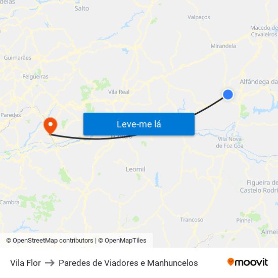 Vila Flor to Paredes de Viadores e Manhuncelos map