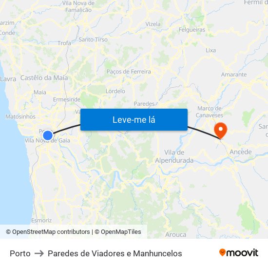 Porto to Paredes de Viadores e Manhuncelos map