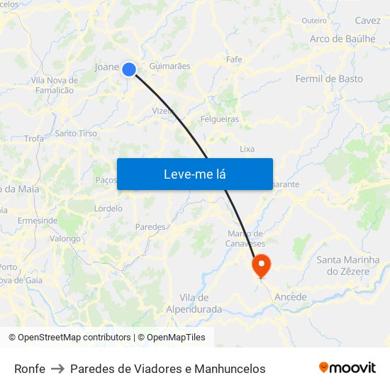 Ronfe to Paredes de Viadores e Manhuncelos map