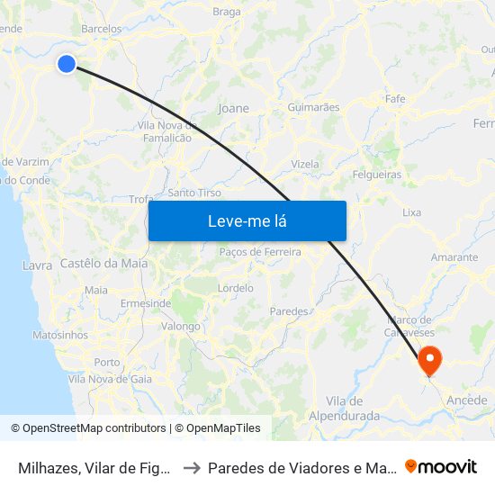 Milhazes, Vilar de Figos e Faria to Paredes de Viadores e Manhuncelos map