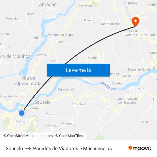Souselo to Paredes de Viadores e Manhuncelos map