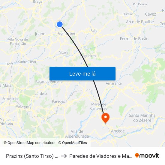 Prazins (Santo Tirso) e Corvite to Paredes de Viadores e Manhuncelos map