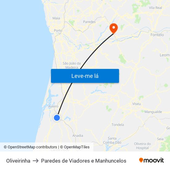 Oliveirinha to Paredes de Viadores e Manhuncelos map