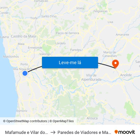 Mafamude e Vilar do Paraíso to Paredes de Viadores e Manhuncelos map