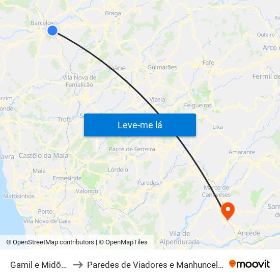 Gamil e Midões to Paredes de Viadores e Manhuncelos map