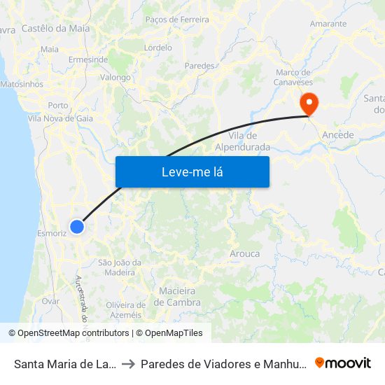 Santa Maria de Lamas to Paredes de Viadores e Manhuncelos map