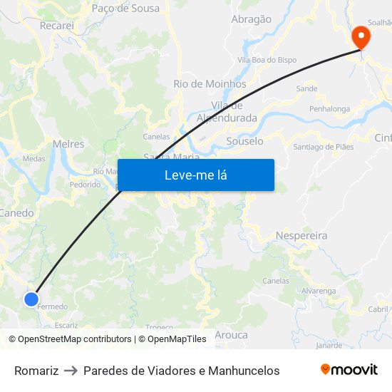 Romariz to Paredes de Viadores e Manhuncelos map